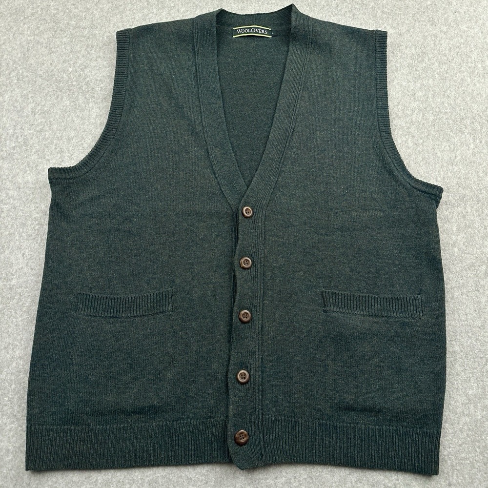 WoolOvers Sweater Vest 100% Wool Mens L Green Cardigan Button Down V-Neck Golf‎